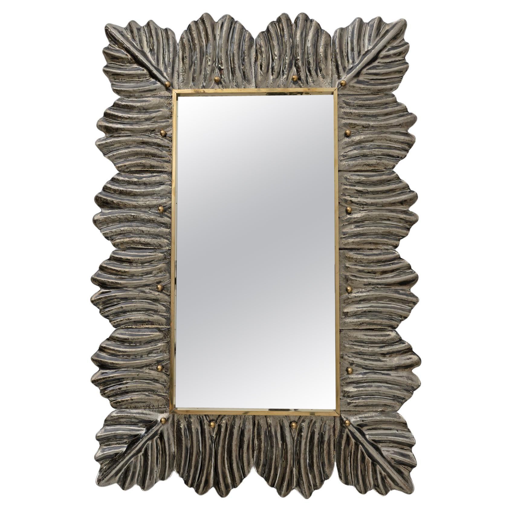 Mid-Century Modern Italian Brass and Leaves Murano Glass Wall Mirror For Sale