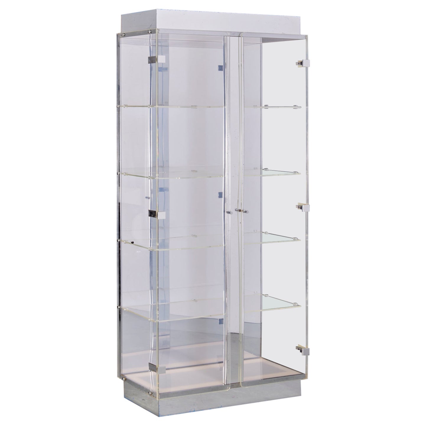 Vintage Modernist Mirrored Acrylic Display Cabinet with Lighting For Sale