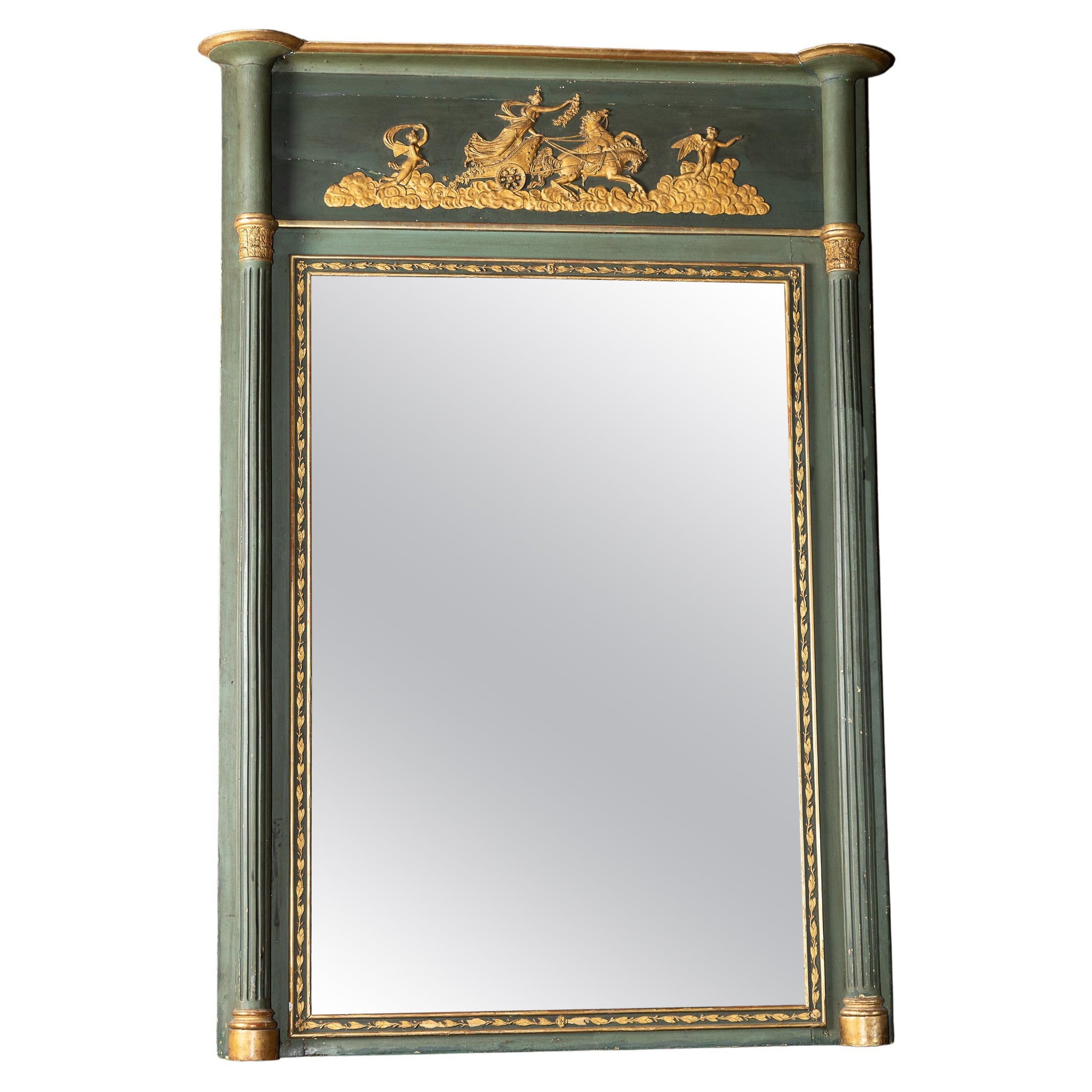 Miroir Empire français du 19ème siècle peint en vert et doré