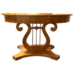 Biedermeier or Classical Style Curly Maple Oval Center Table with Lyre Form Base