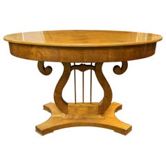 Biedermeier or Classical Style Curly Maple Oval Center Table with Lyre Form Base