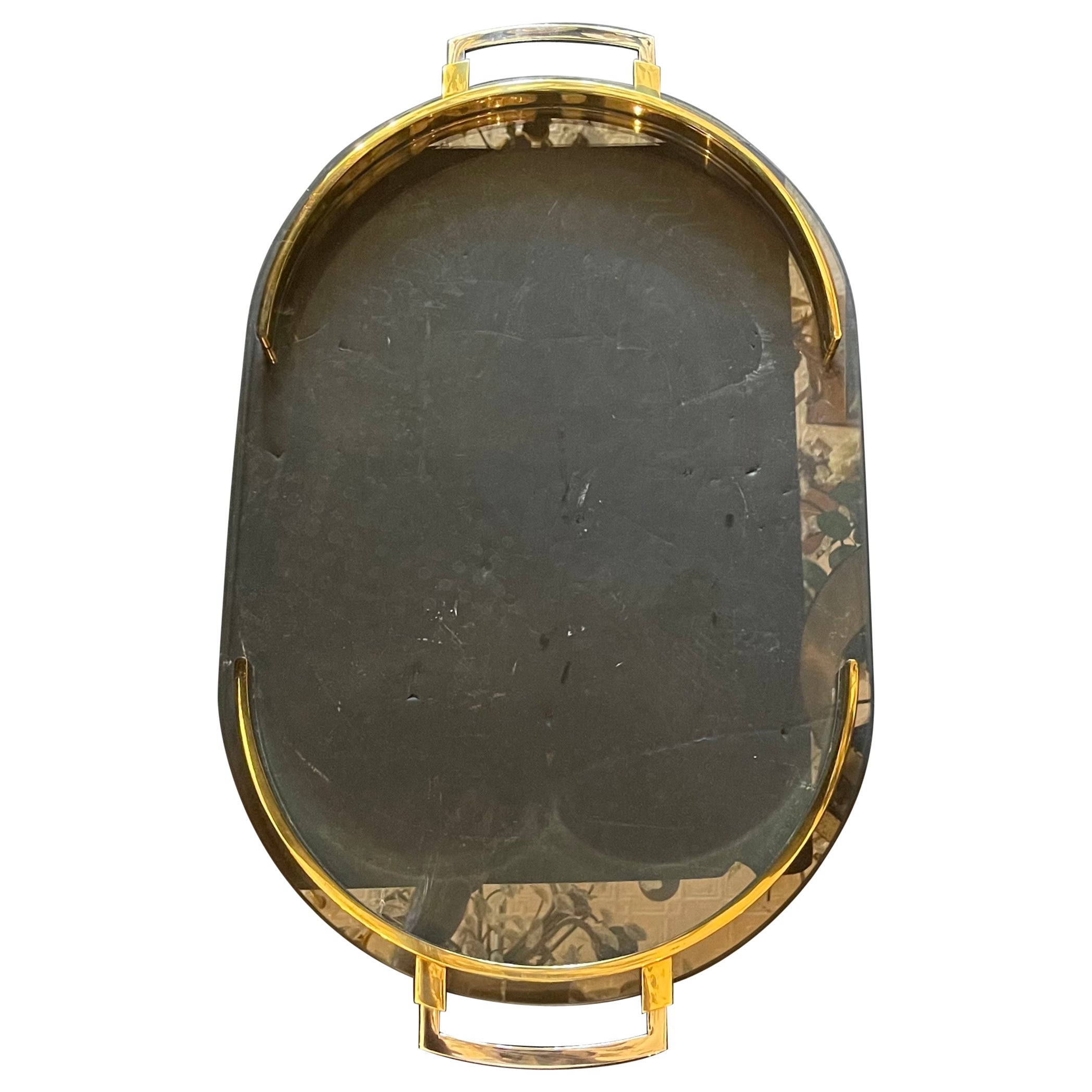 Mid Century Lorin Marsh Bandeja para servir Inserción de cristal Latón Níquel Karl Springer en venta