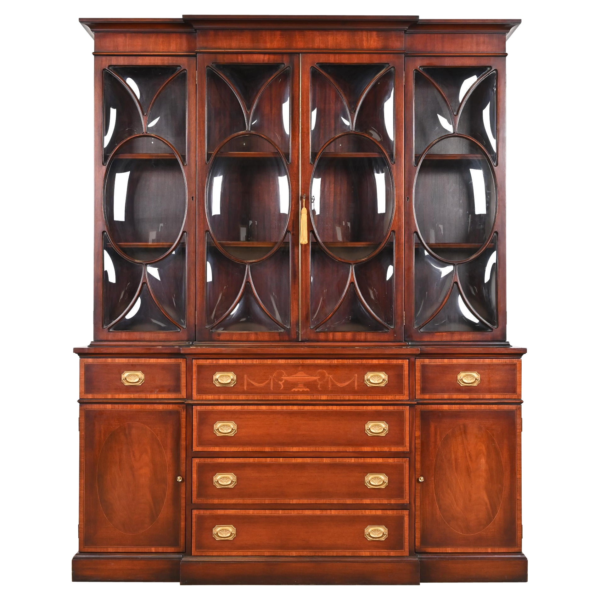 Baker Furniture Style Georgian Inlaid Mahogany Bubble Glass Breakfront Bookcase 