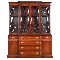 Antique Baker Furniture Style Georgian Inlaid Mahogany Bubble Glass Breakfront Bookcase 