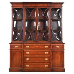 Baker Furniture Style Georgian Inlaid Mahogany Bubble Glass Breakfront Bookcase