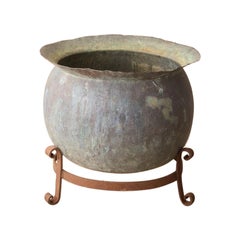 Antique Large 19th century verdigris copper vat on iron stand