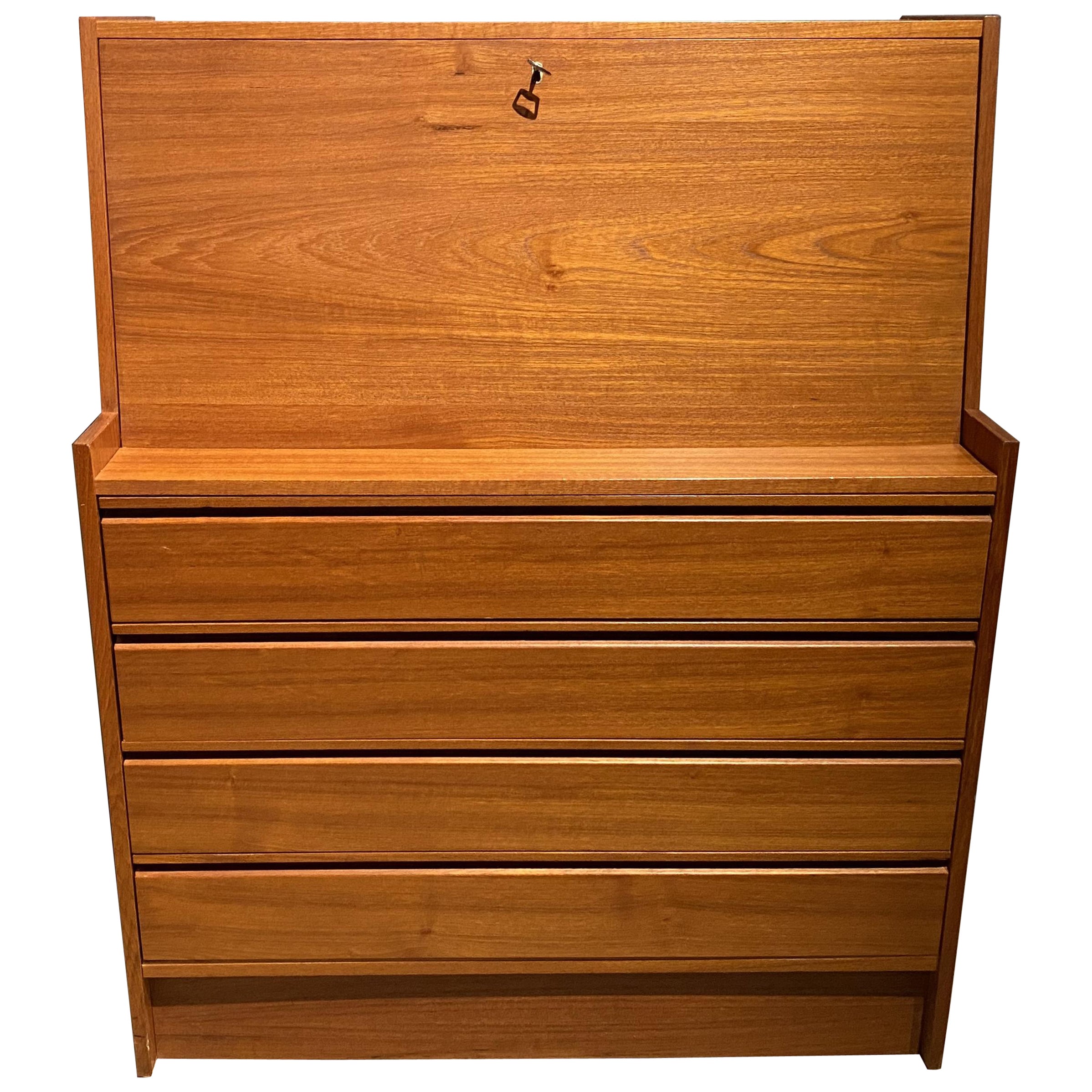 Danish Mid Century Modern Teak Fall Front Desk For Sale at 1stDibs