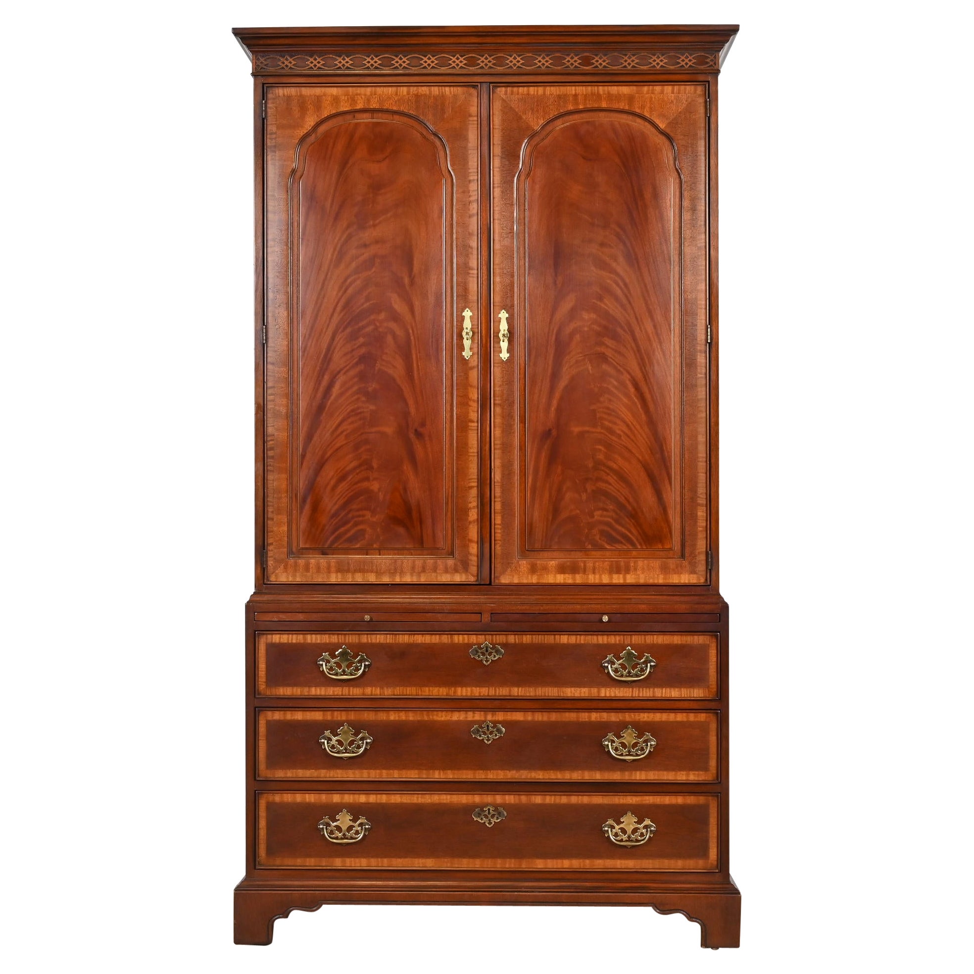 Drexel Heritage Georgian Carved Flame Mahogany Armoire Dresser For Sale
