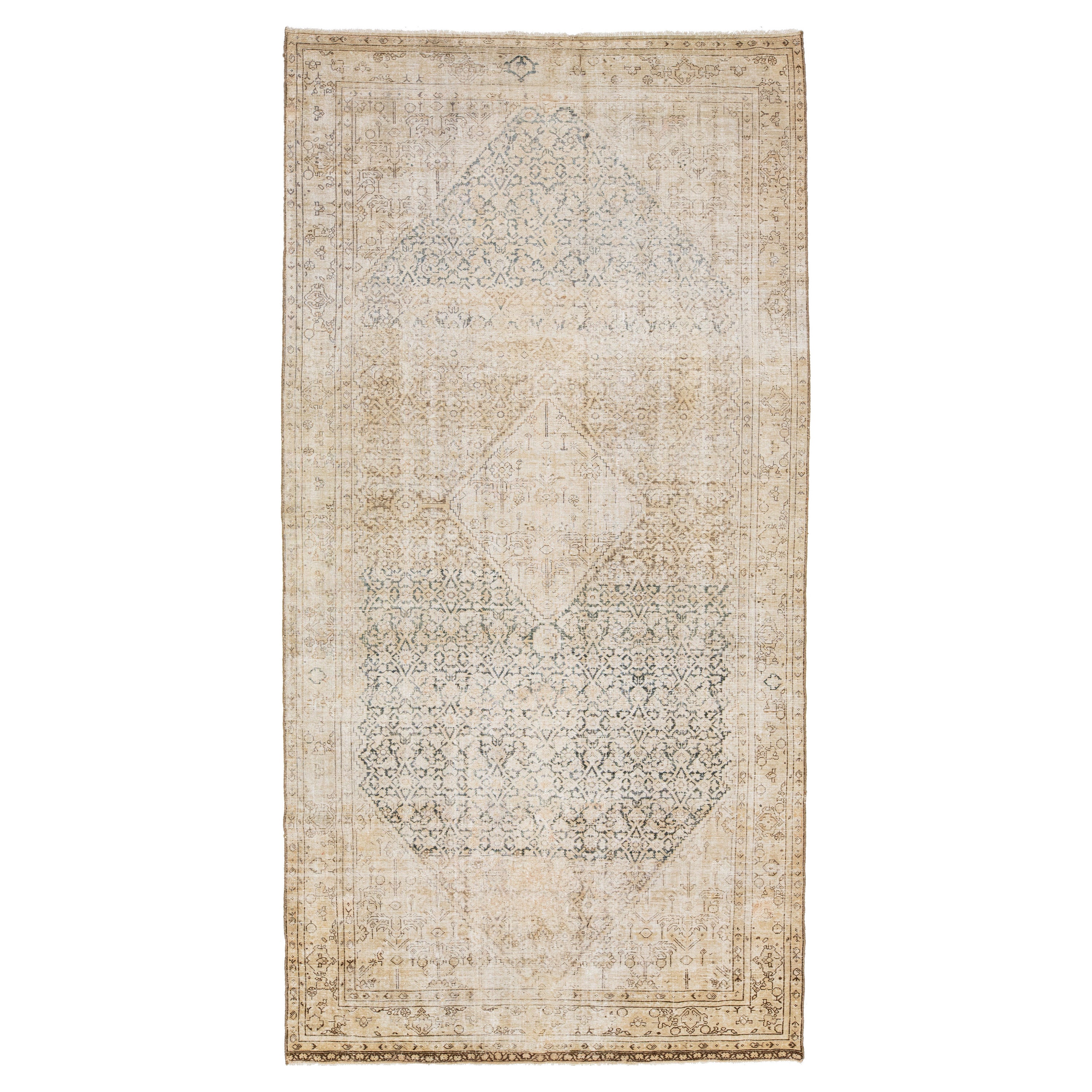  Beige Antique Malayer Persian Wool Rug With Center Design For Sale