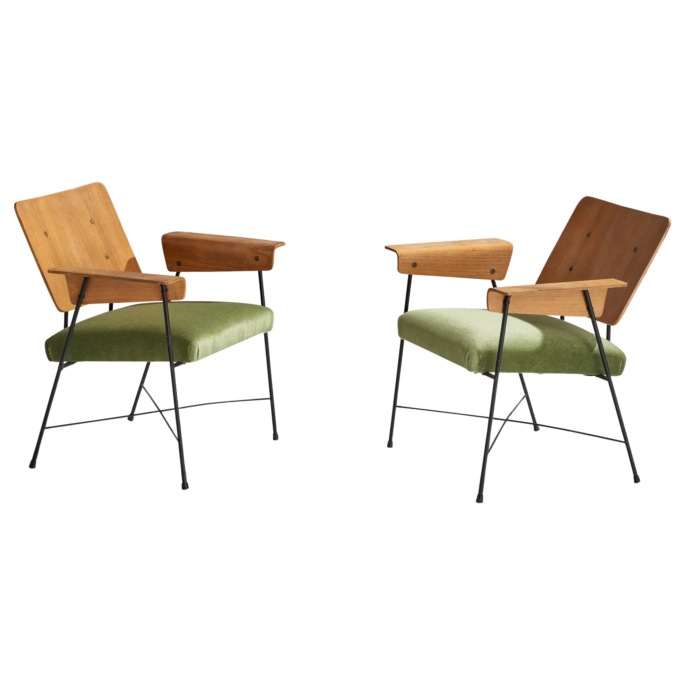 George Coslin, Lounge Chairs, Wood, Metal, Velvet, Italy, 1960s For Sale
