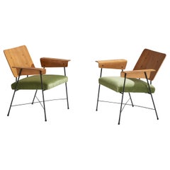 Vintage George Coslin, Lounge Chairs, Wood, Metal, Velvet, Italy, 1960s