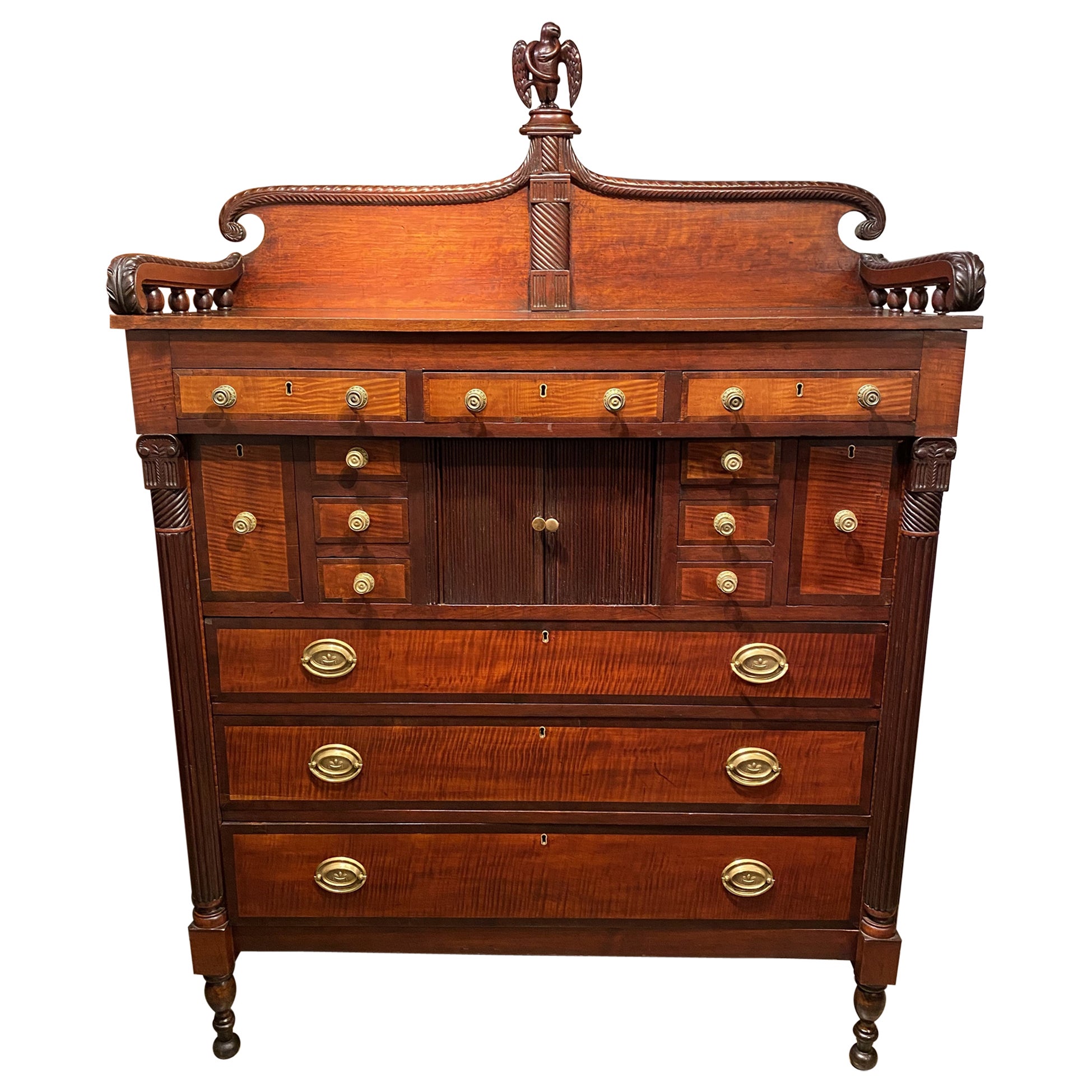 Sheraton Mahogany and Tiger Maple Chest or Server with Gallery and Tambour Doors For Sale
