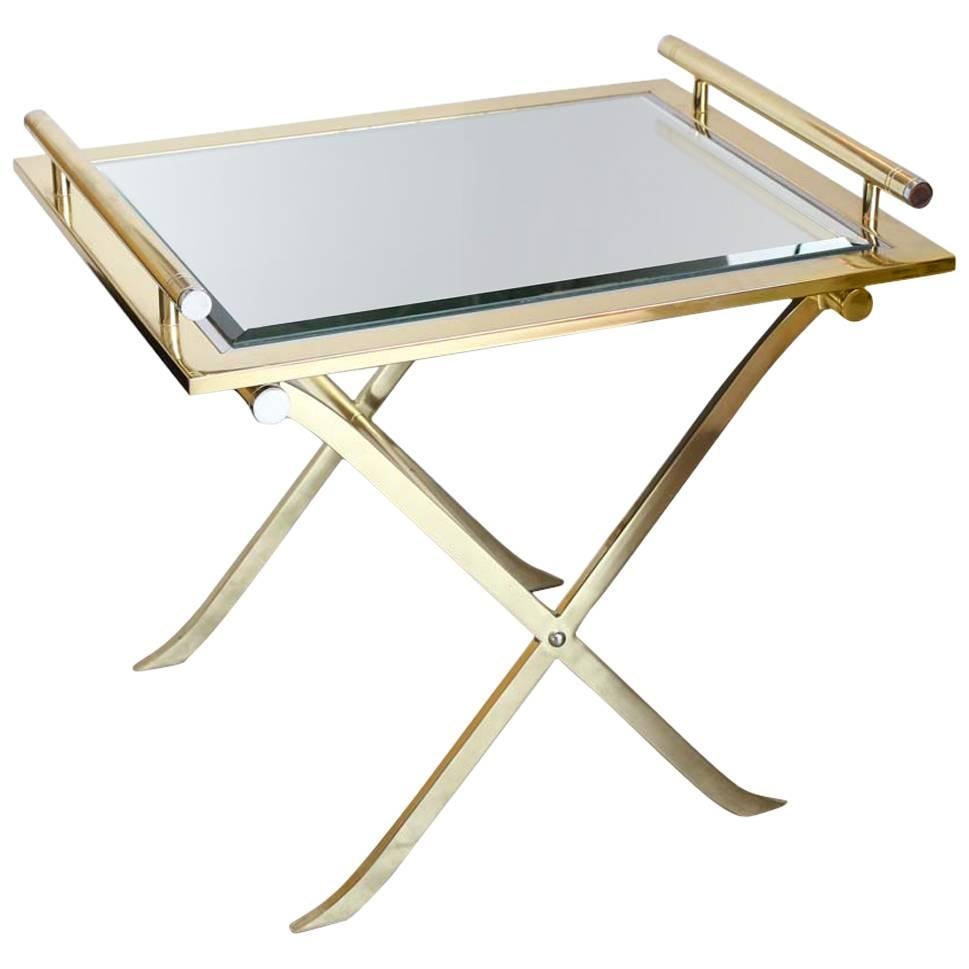 MCM Chrome, Brass & Mirror "X" Base Side / Bar Table with Removable Tray by DIA