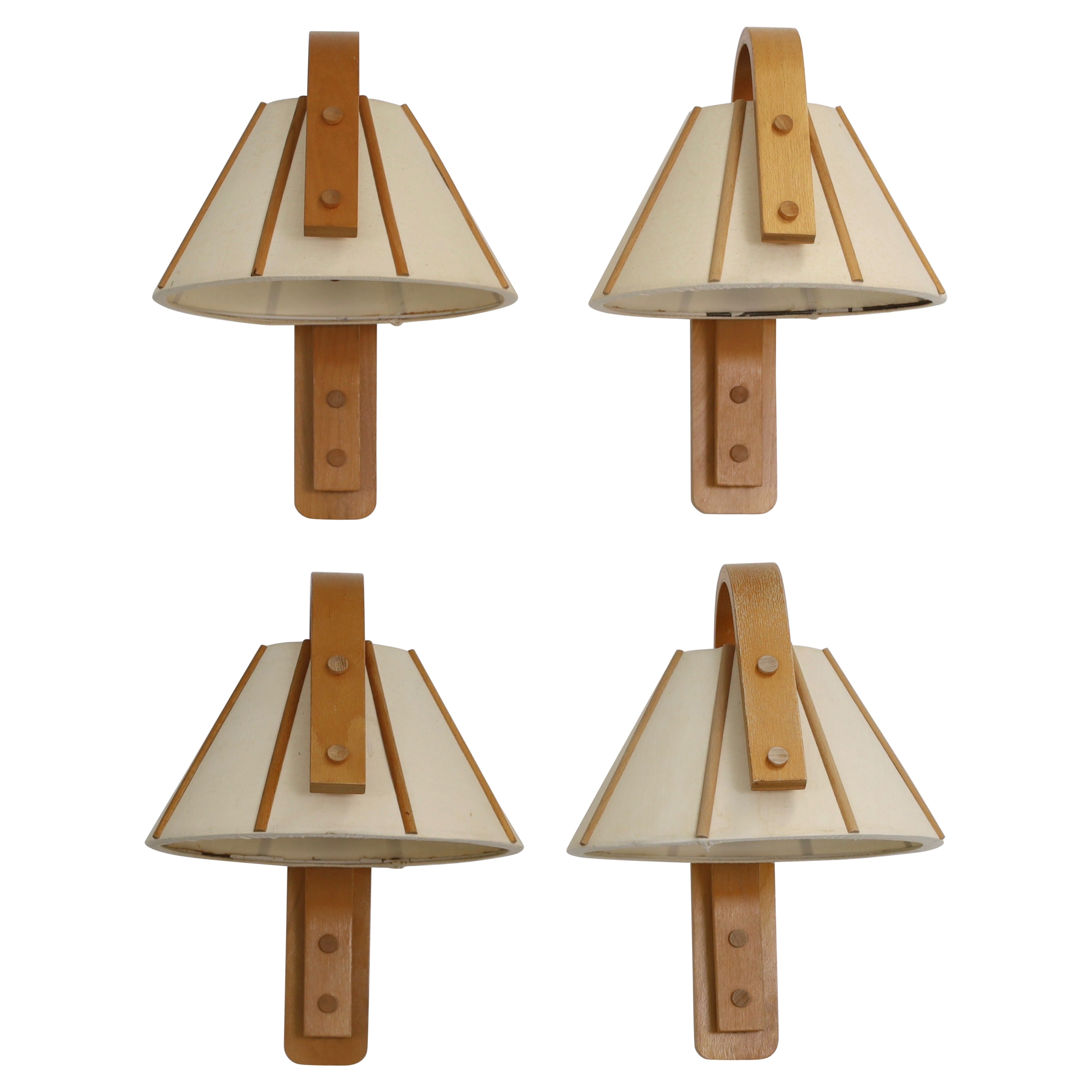 Set of 4 Beech Wood Wall Lamps by Jan Wickelgren for Aneta, Sweden, 1970s