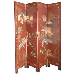 Signed Maitland Smith Four-Panel Asian Themed Wood and Brass Screen 10