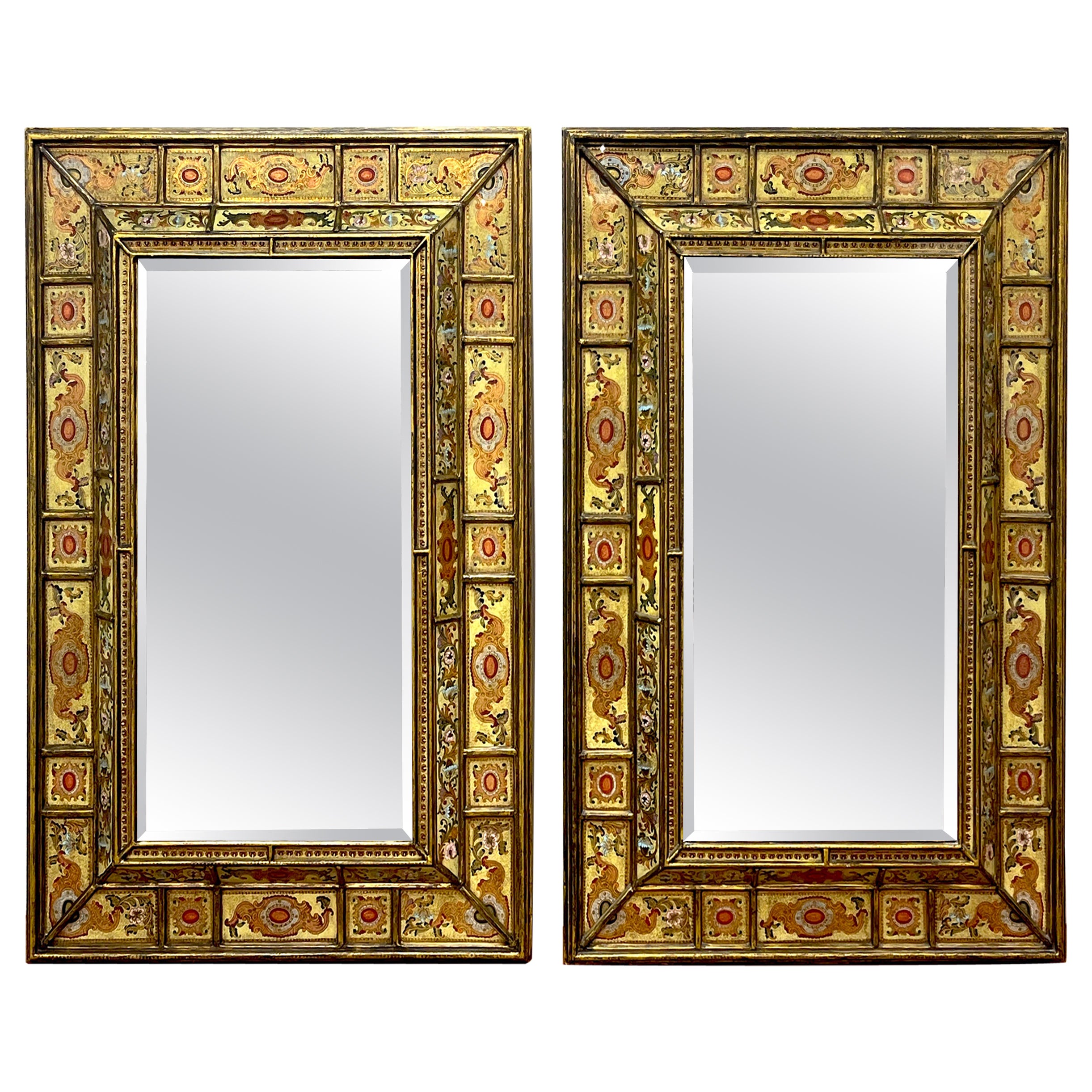 Pair of Large Spanish Colonial Eglomise Giltwood Mirrors  For Sale