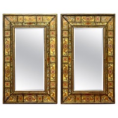 Pair of Large Spanish Colonial Eglomise Giltwood Mirrors 