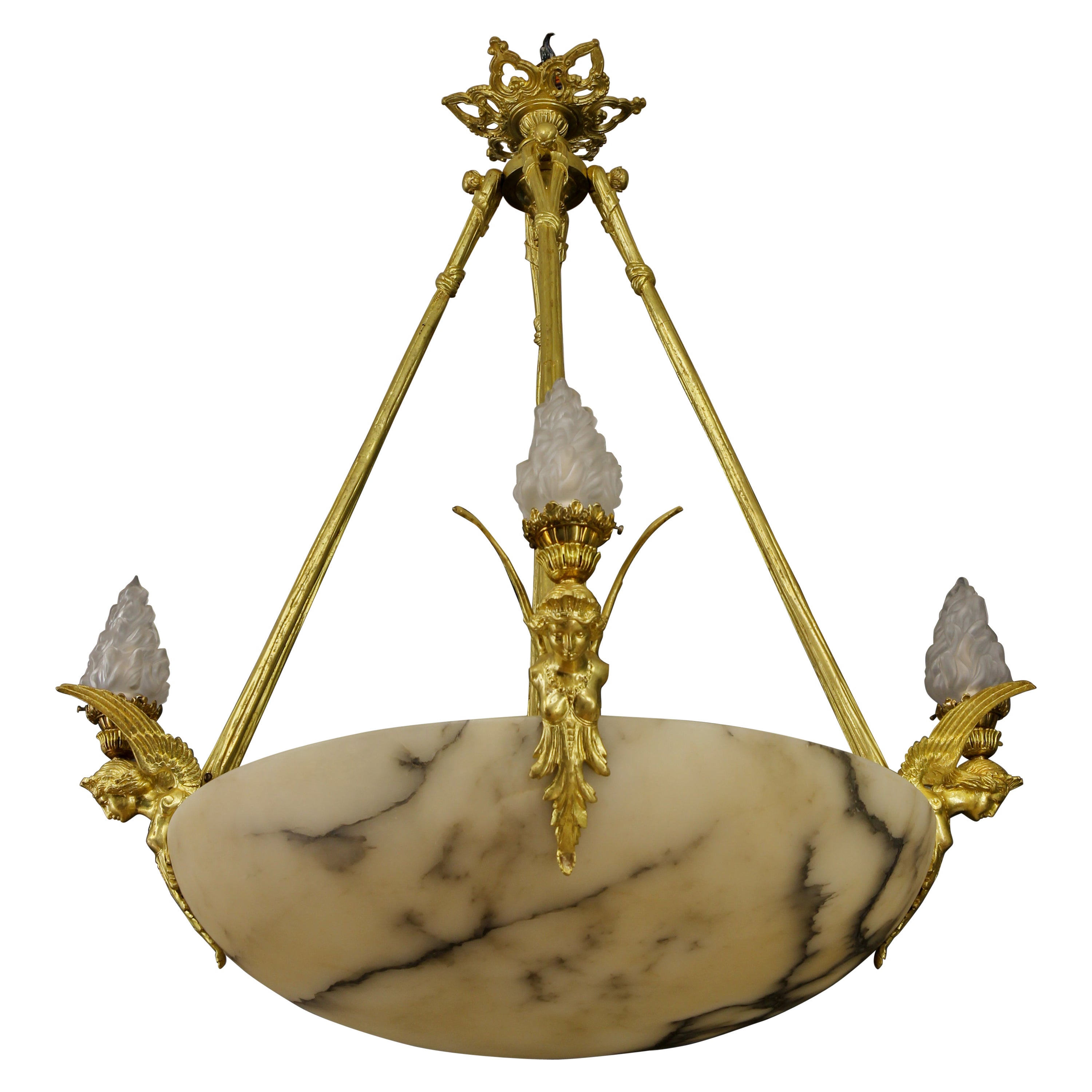Large Antique French Empire Style Alabaster and Bronze Twelve-Light Chandelier  For Sale
