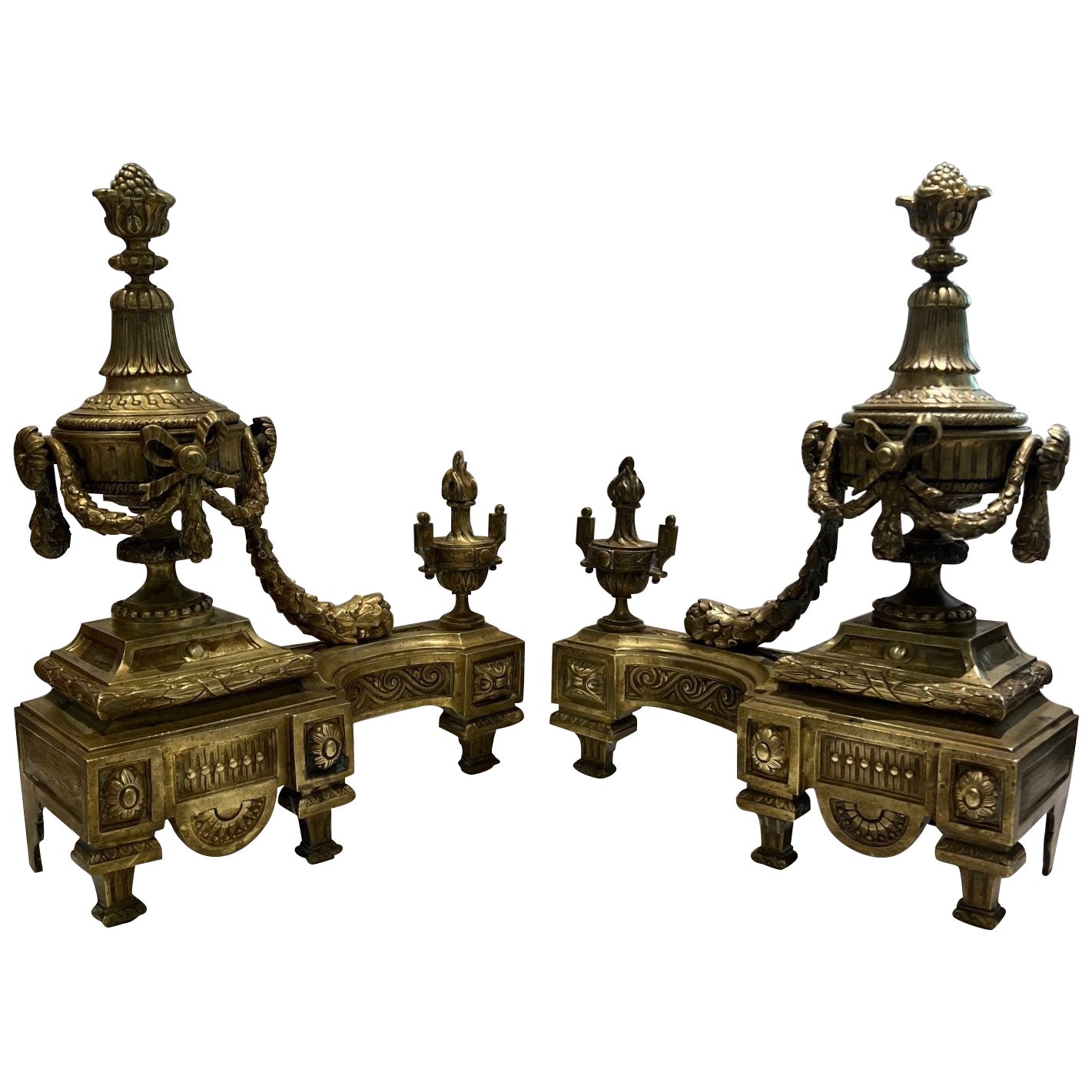 Antique Pair of Louis XVI Style Gilt Bronze Chenets For Sale