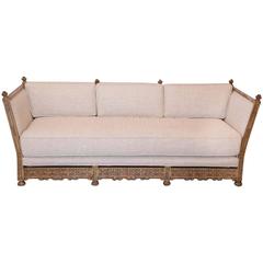 Vintage Linen Covered Italian Sofa with Hand-Carved Detail