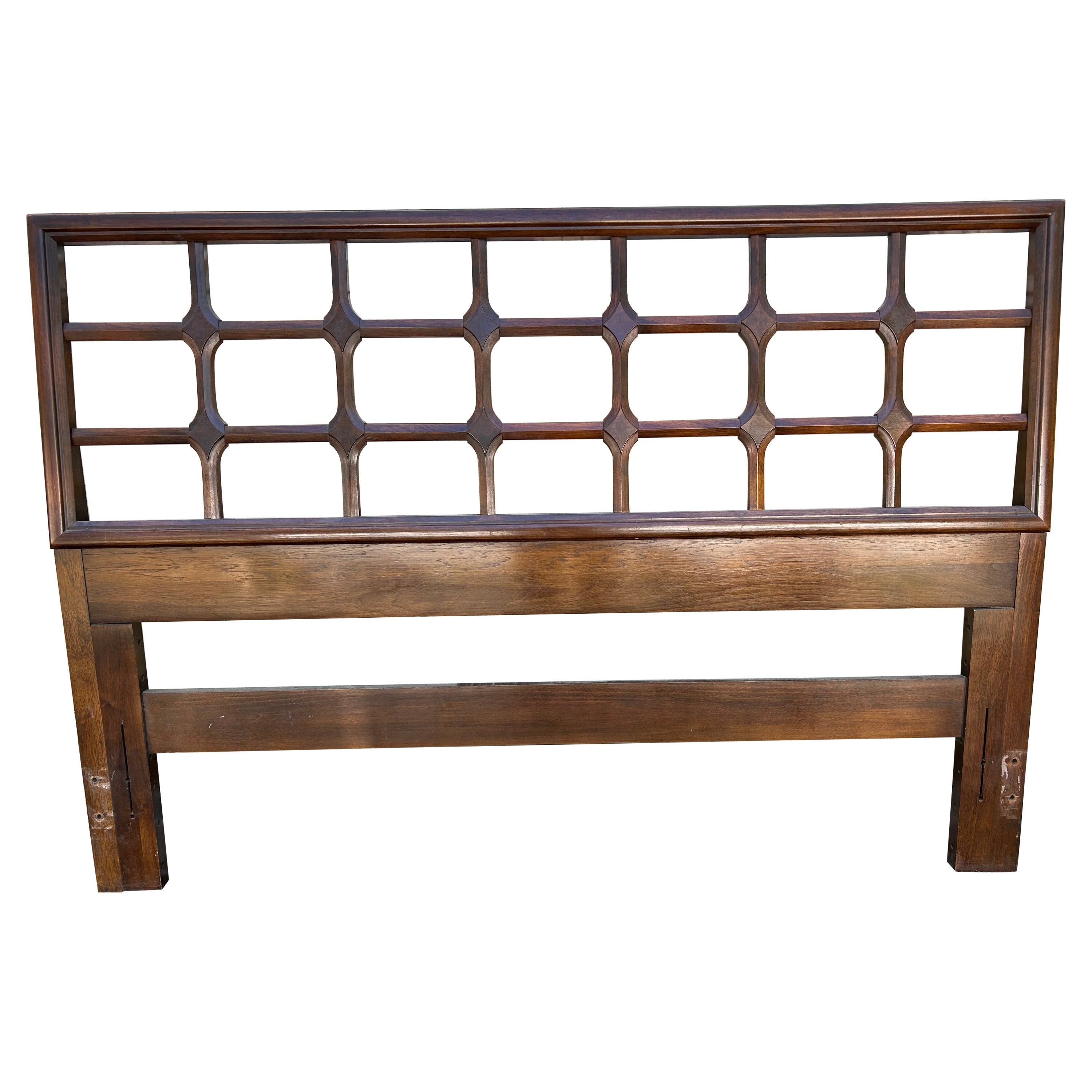 Stylish Mid-Century Modern Walnut Lattice Queen Size Headboard Drexel style