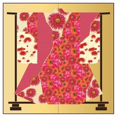 K-3 Maiko Kimono, 2 Tafeln, Raumteiler, rot, geblümt