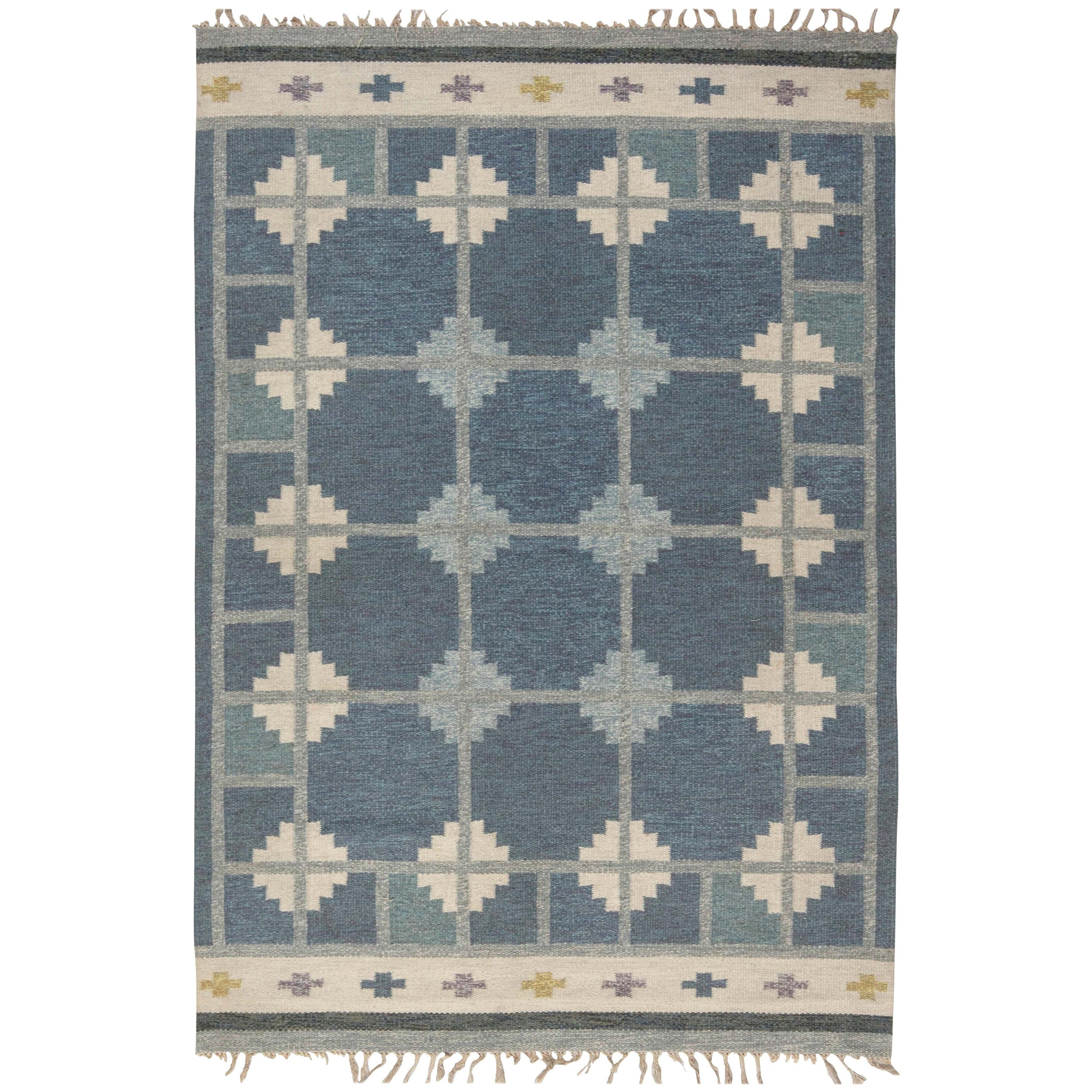 Mid-20th Century Blue, Gray, Ivory Swedish "Snowflake" Rug by Ingegerd Silow For Sale