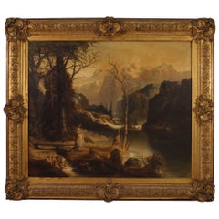 Antique 19th Century Oil on Canvas Dutch Romantic Landscape Painting, 1880