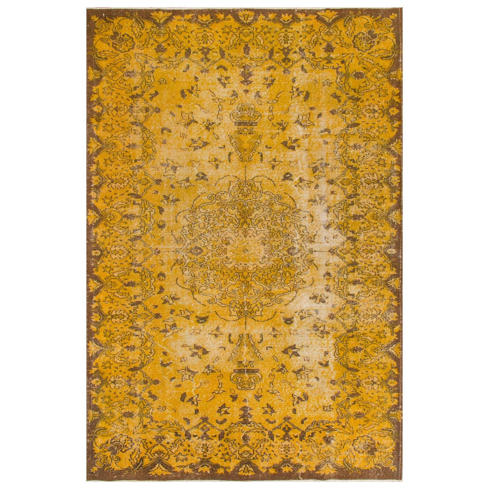 5.4x9 ft Handmade Turkish Area Rug Over-dyed in Yellow with Medallion Design For Sale