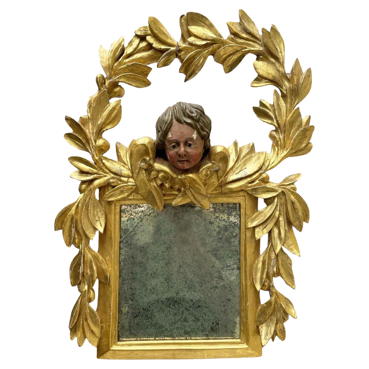 Italian Gilt Wood Carved Mirror with Laurel Garland and Putto 1800s For Sale