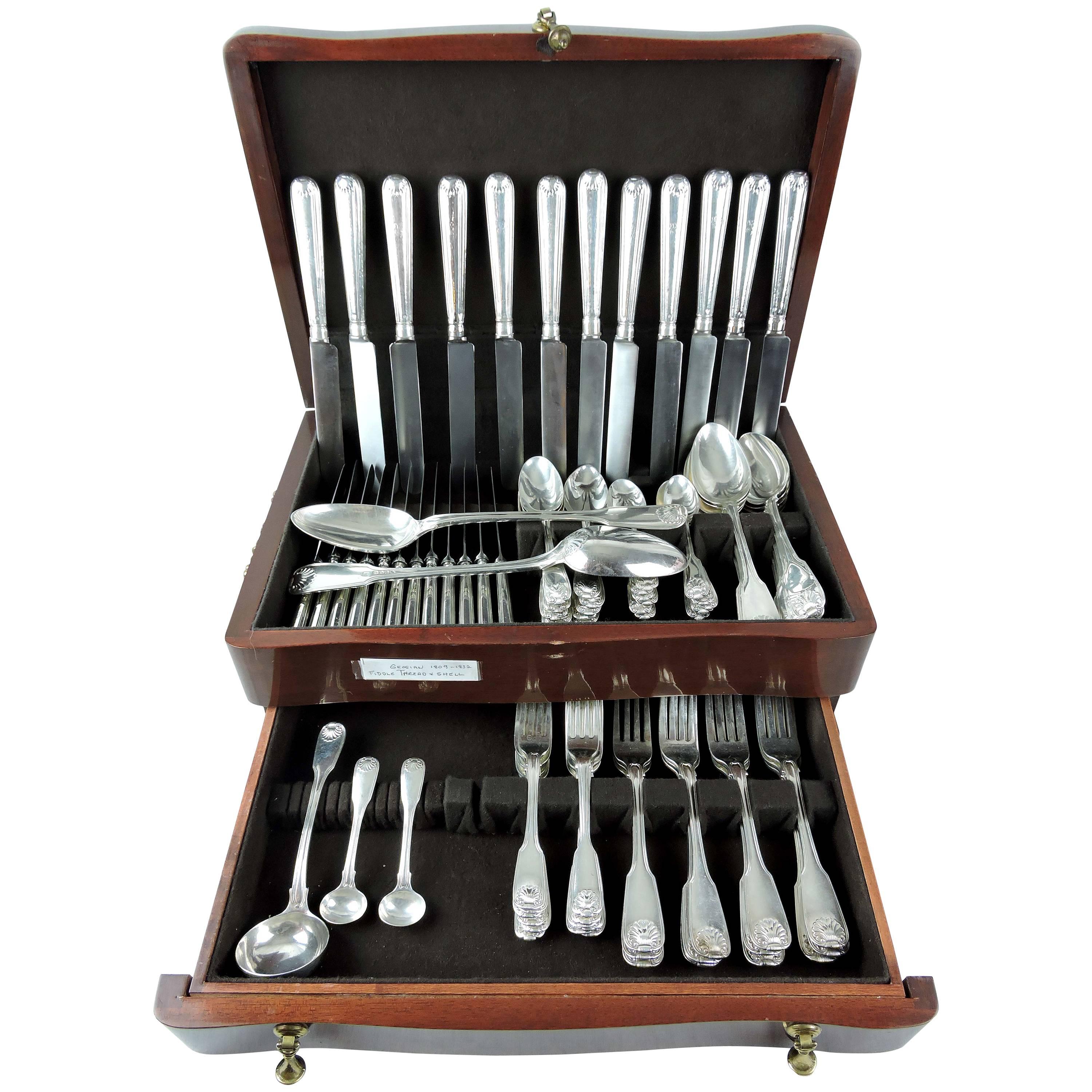 Georian Period Fiddle, Thread 
Shell Sterling Silver Flatware Dinner Set for 12 For Sale