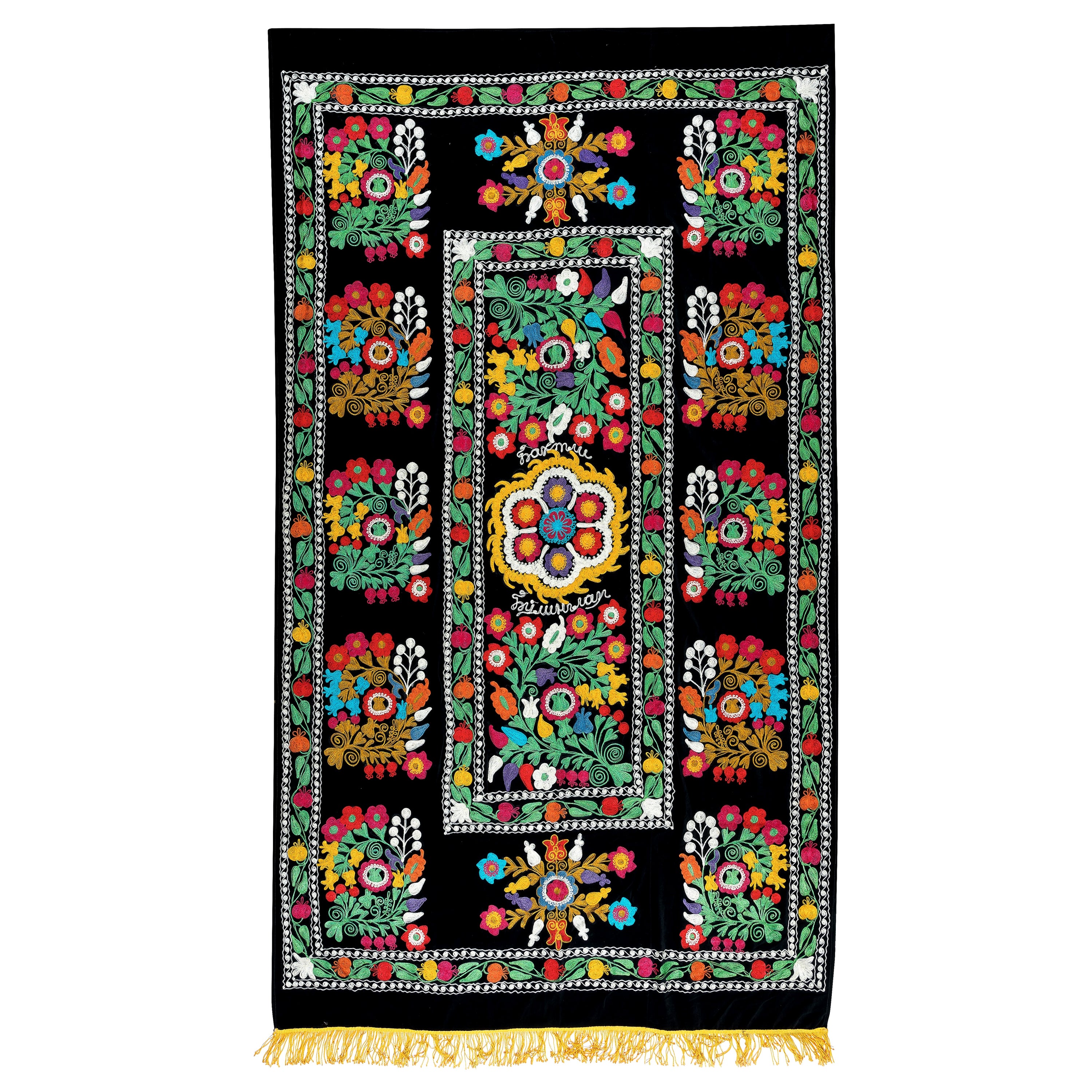 4.2x7.5 Ft Vintage Wall Hanging, Silk Embroidery Wall Hanging, Black Tablecloth