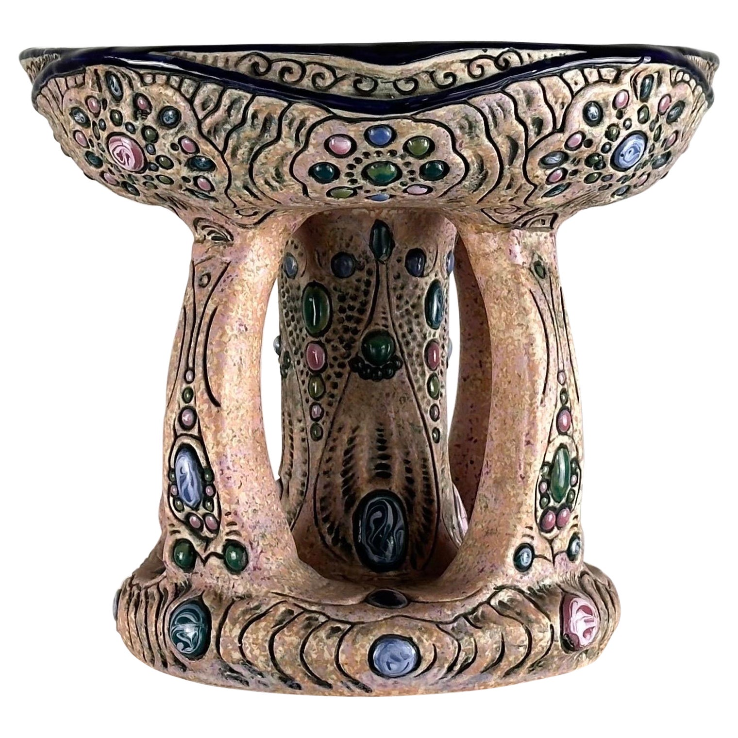 Hand-Painted Ceramic "Amphora" Czech Riser with Precious Gem Accents, 1930s For Sale