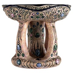 Hand-Painted Ceramic "Amphora" Czech Riser with Precious Gem Accents, 1930s