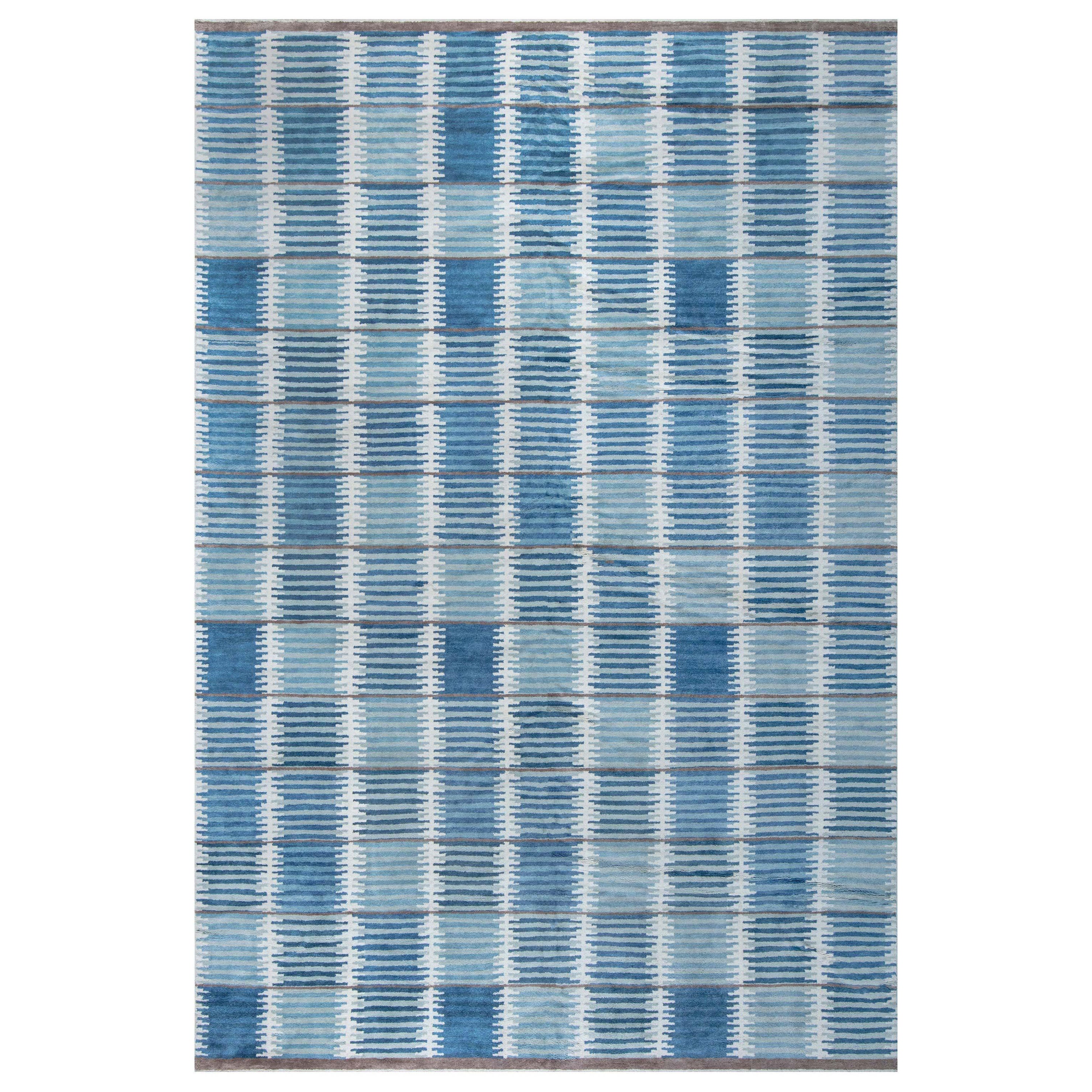 Modern Swedish Design Blue Hand Knotted Wool Pile Rug For Sale