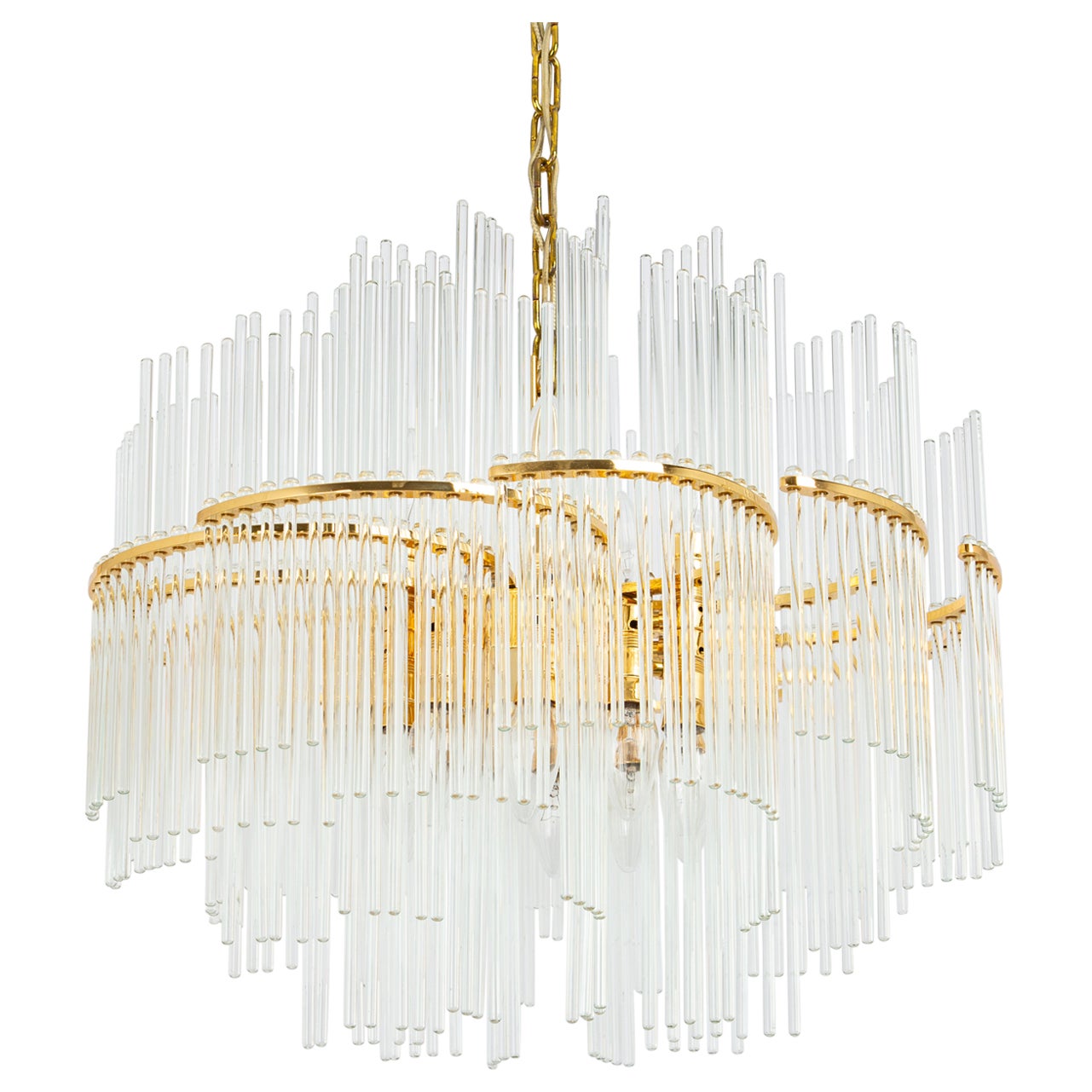 1 of 2 Stunning Gilt Brass and Crystal Glass Rods Chandelier by Palwa, 1970s For Sale
