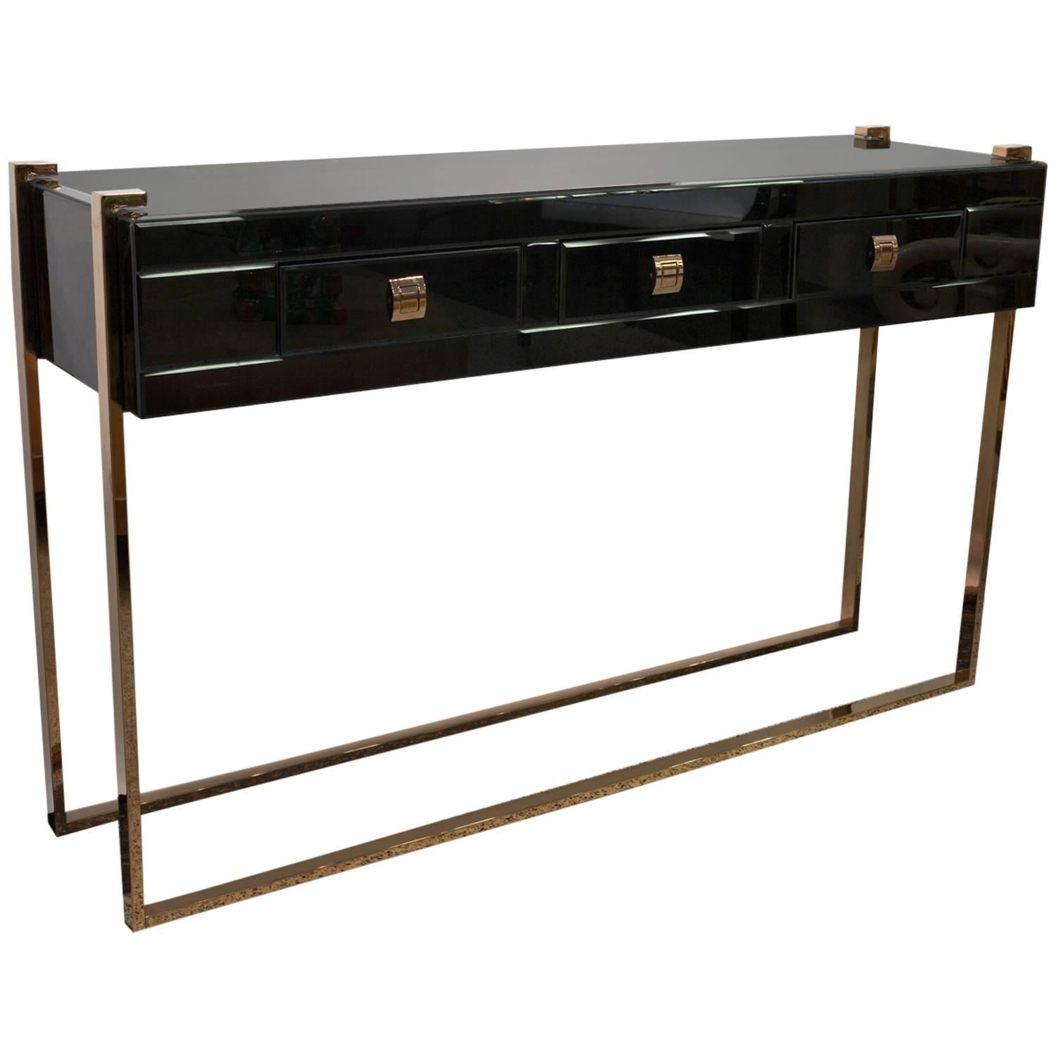 Black Glass Console Table with Brass Details, Manner of Jacques Adnet