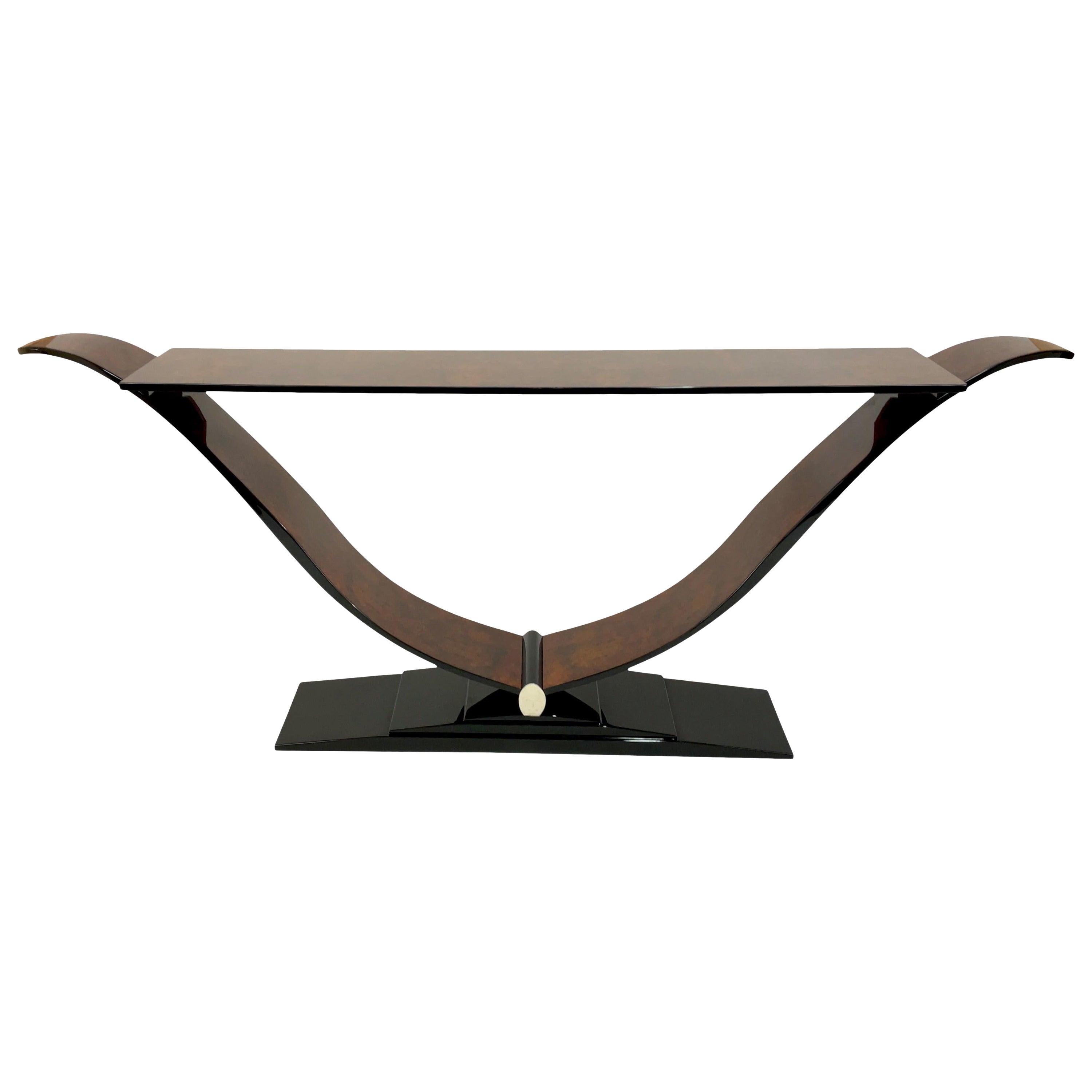 Long Slender Art Deco Style Console Table in Burl Wood and Black Piano Lacquer For Sale