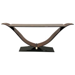 Long Slender Art Deco Style Console Table in Burl Wood and Black Piano Lacquer