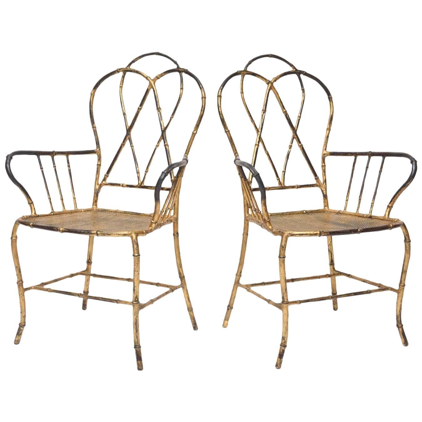 Pair of 1960s Gilt Metal Faux Bamboo Armchairs