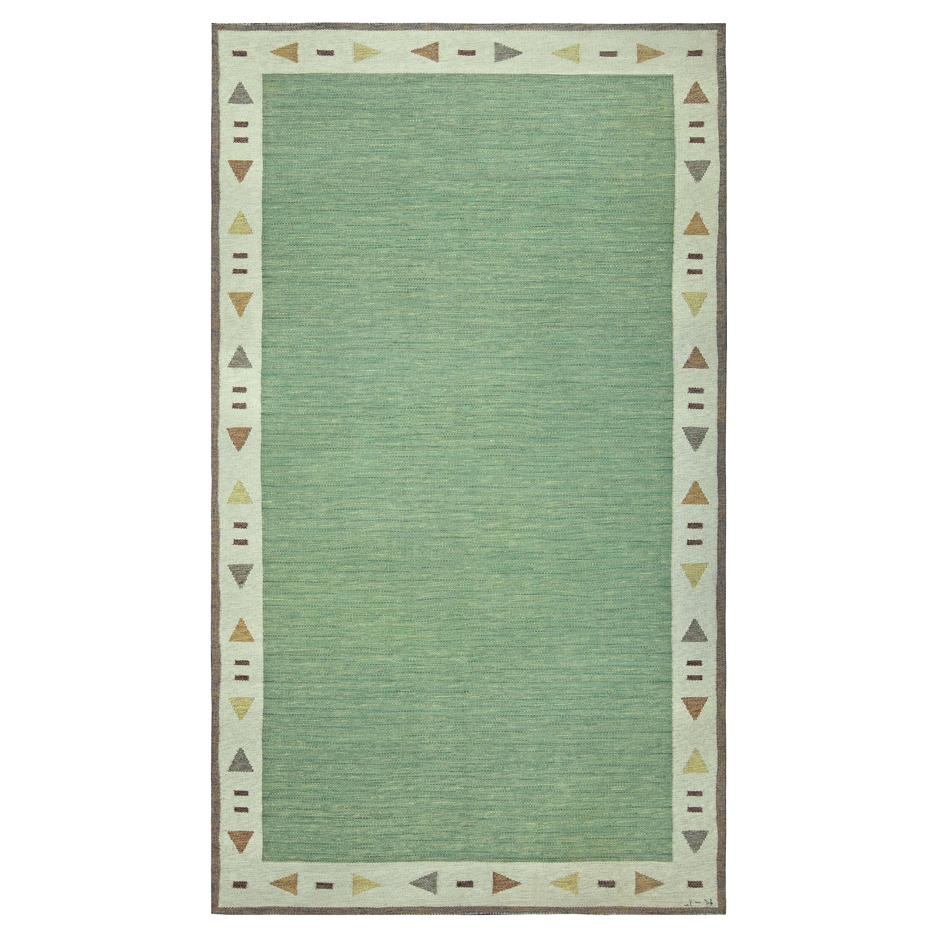 Mid-20th Century Green Swedish Flat-Woven Rug For Sale