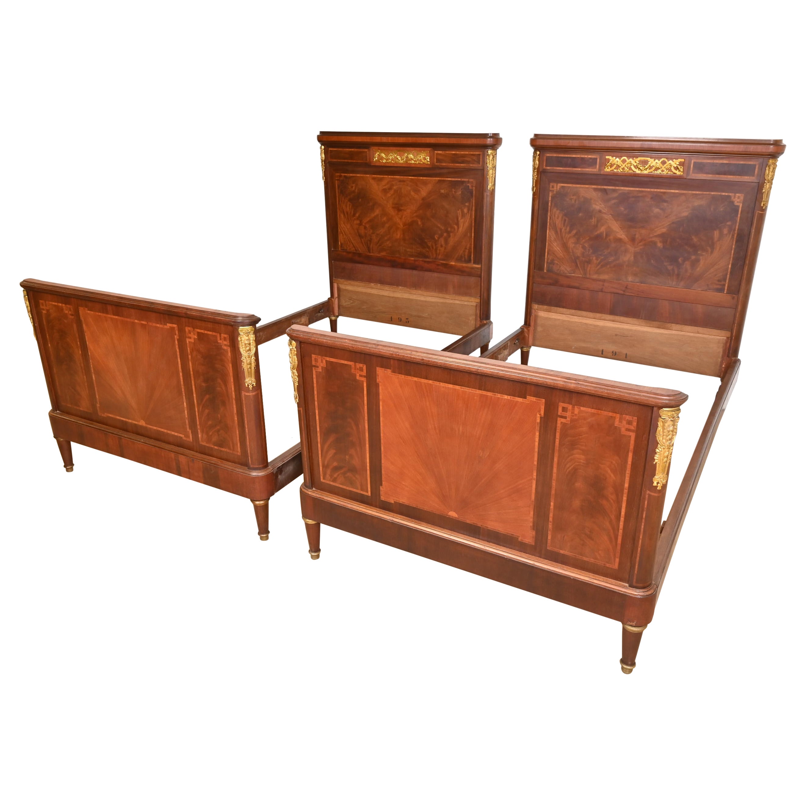 Antique French Regency Louis XVI Inlaid Flame Mahogany Bronze Mounted Twin Beds For Sale