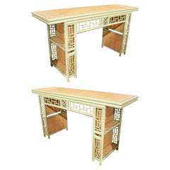 Pair of Green Wood Consoles Imitating Bamboo with Raffia Top