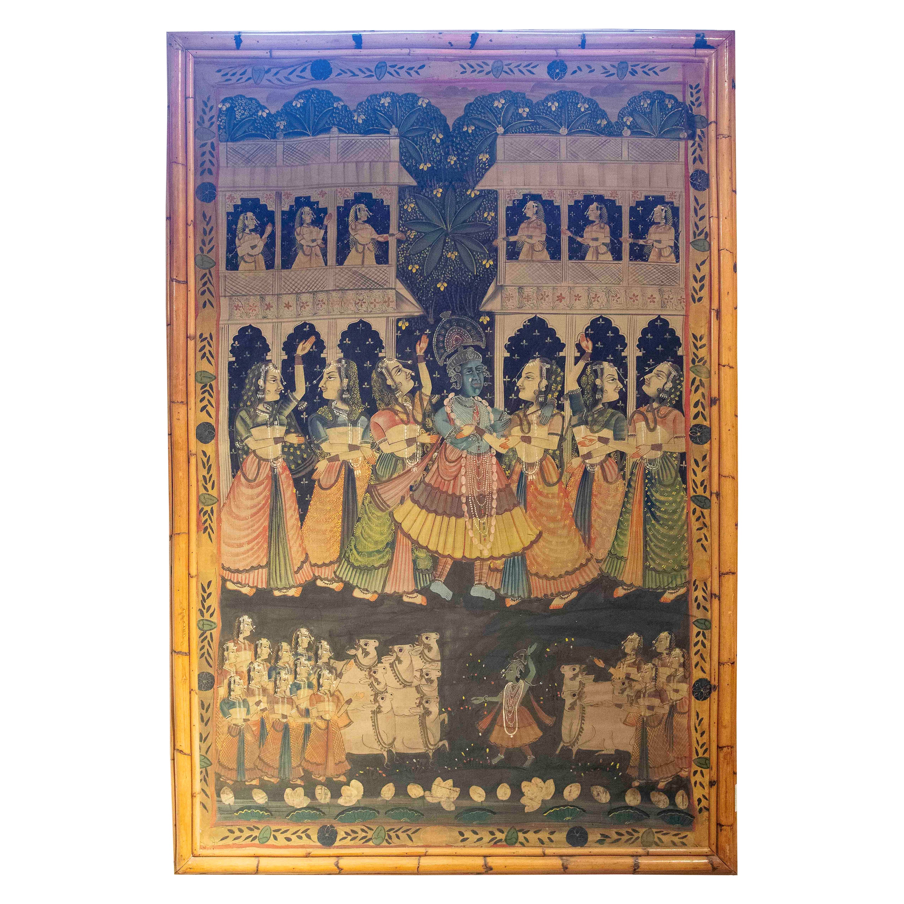 1970s Hand-Painted Painting on Canvas with Indus Characters and Bamboo Frame