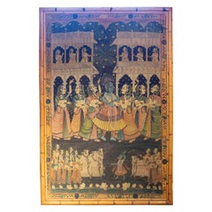 1970s Hand-Painted Painting on Canvas with Indus Characters and Bamboo Frame 
