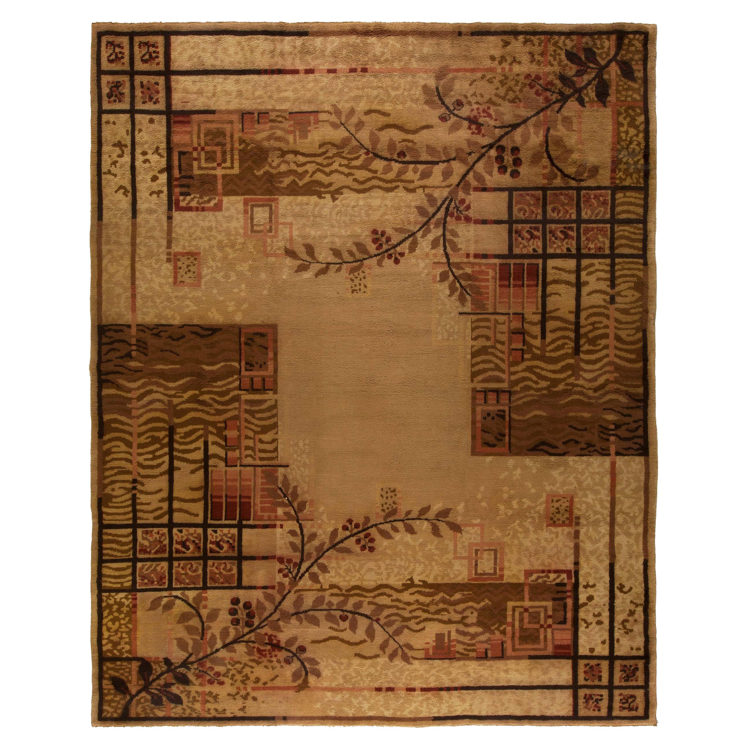 Authentic French Art Deco Brown Handwoven Wool Rug