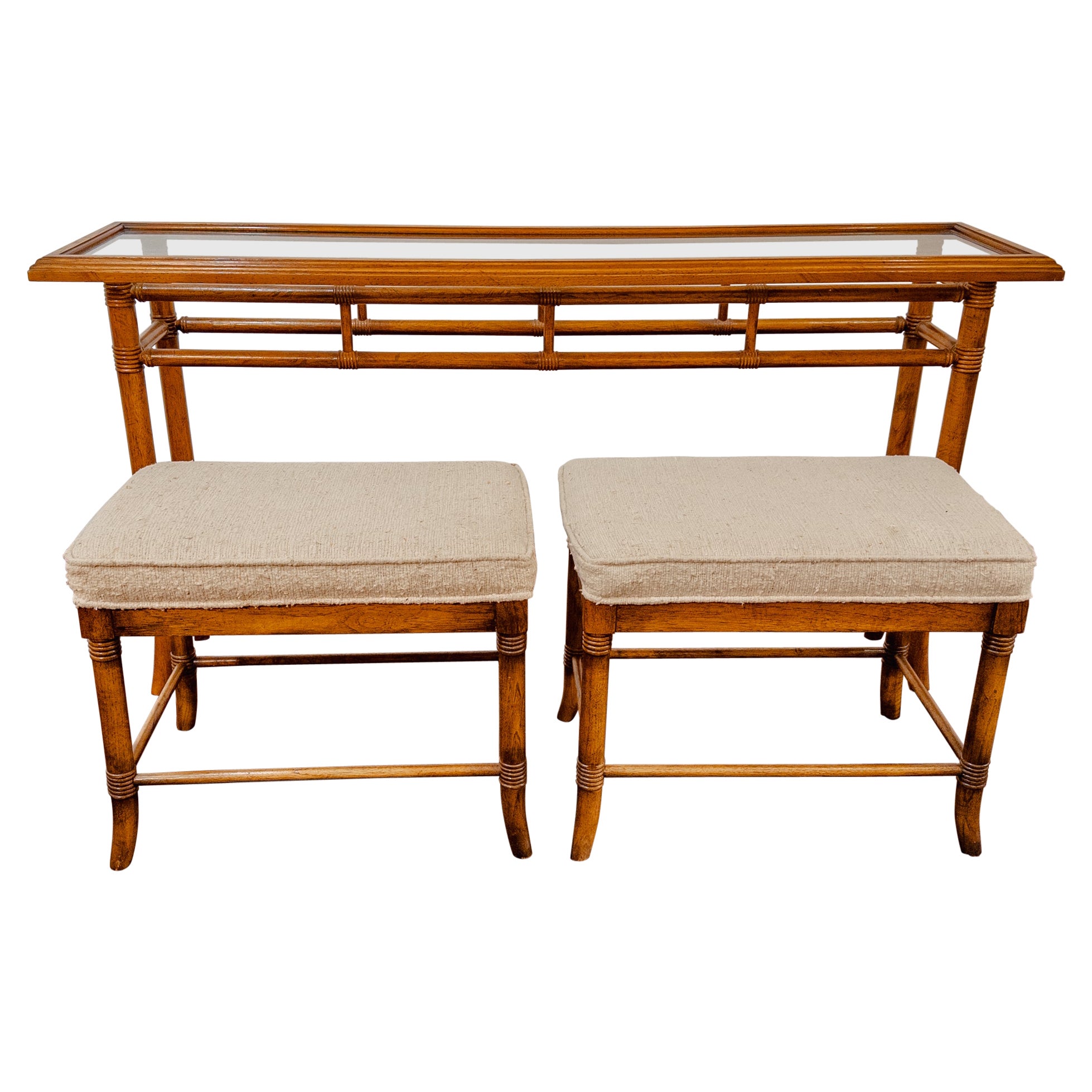 1970's Drexel Faux Bamboo Console Table with Matching Ottomans For Sale