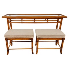 Vintage 1970's Drexel Faux Bamboo Console Table with Matching Ottomans