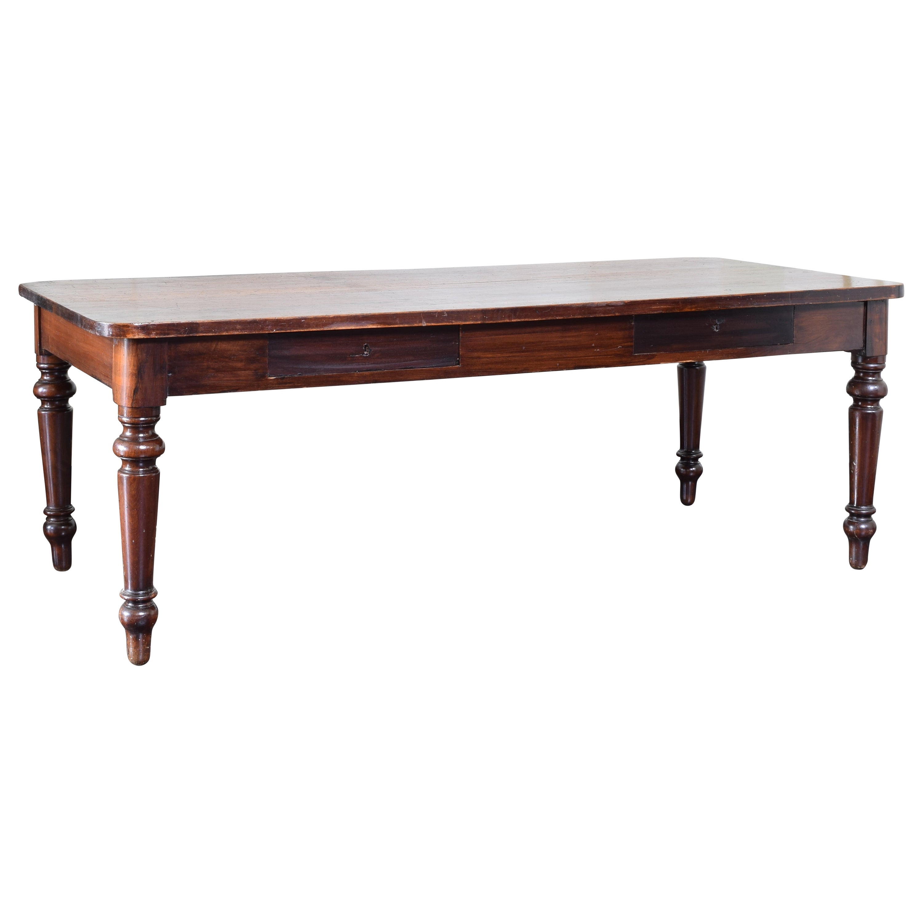 Italian Late Neoclassic Walnut 2-Drawer Library Table / Kitchen Island, ca. 1840 For Sale