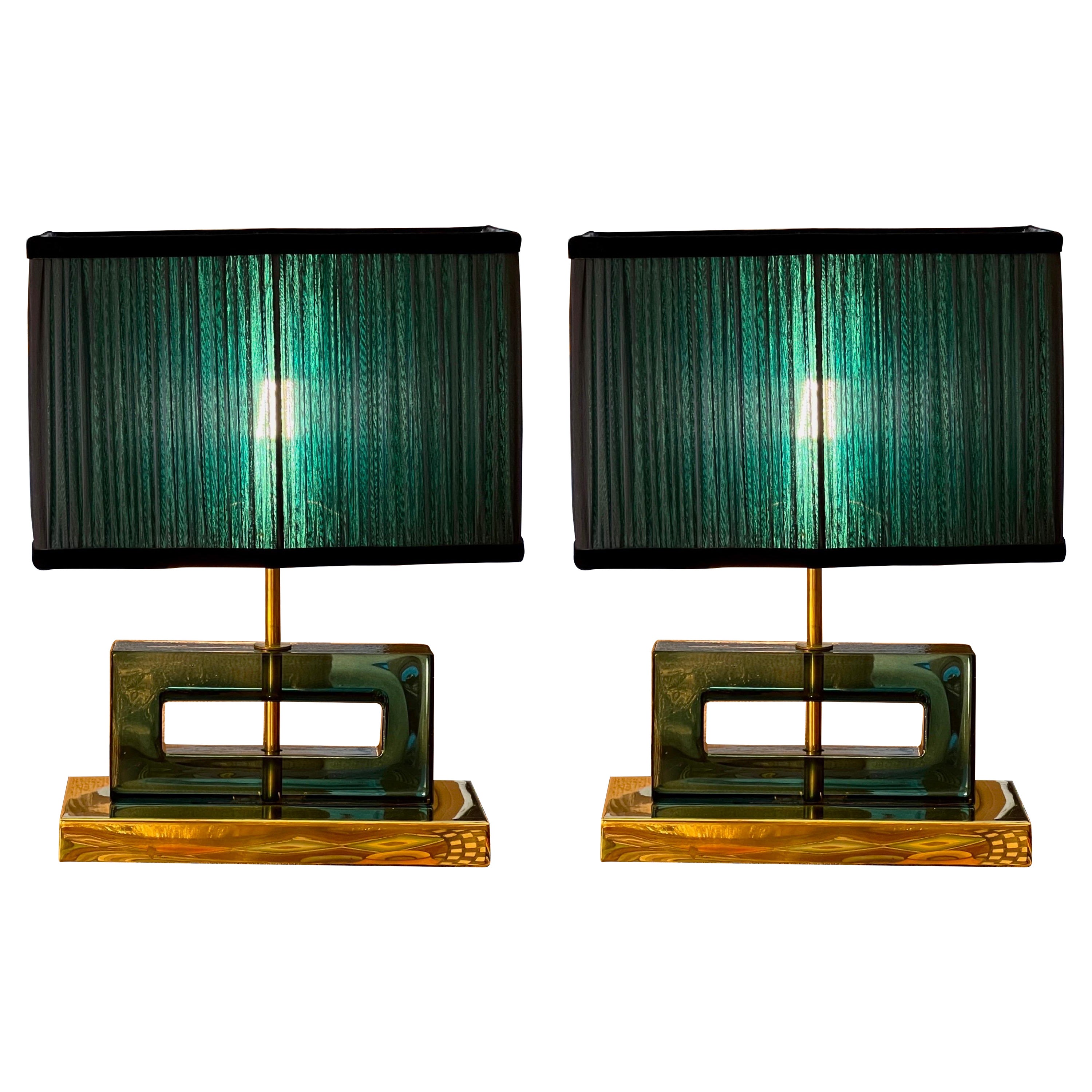 Petrol Green Murano Glass Blocks Lamps with Our Double Color Lampshades, 1970s For Sale